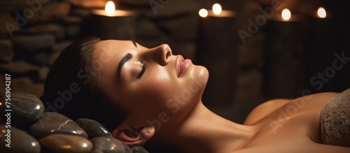 A woman is reclining on a stack of stones at a spa, surrounded by candles. Her thumb is gently brushing her jawline, while she relaxes with closed eyelashes and soft gestures © AkuAku