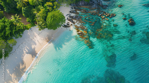 Drone View From Above Paradise Beach on Praslin Island, Seychelles.