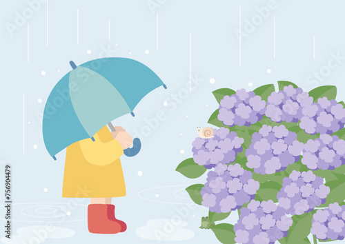 雨の日に傘をさす子どもと紫陽花のベクターイラスト