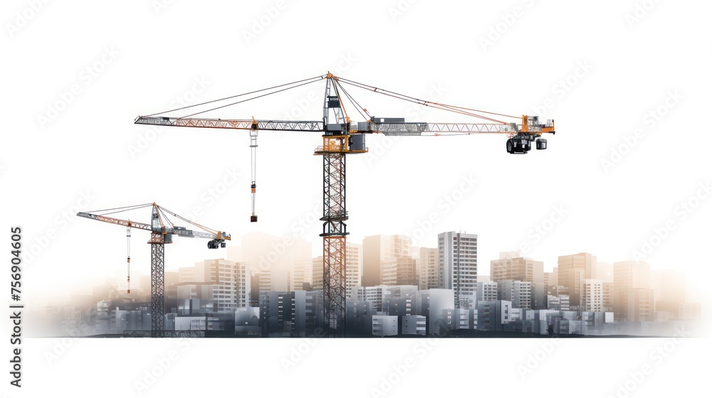 A Vector illustration of Construction crane above building urban development city skyline Black construction site isolated on transparent background.