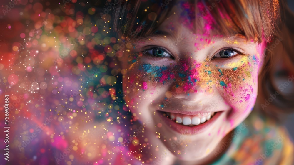 Close-up of a cute smiling young woman with Down syndrome, a fun smile, face covered in colored powder.