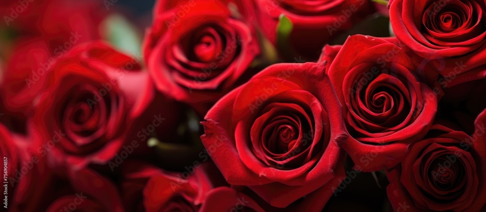 A close up of a vibrant bunch of red hybrid tea roses with intricate swirls on the petals, showcasing the beauty of natures floral creations A close up of a vibrant bunch of red hybrid tea roses with intricate swirls on the petals, showcasing the beauty of natures floral creations