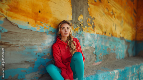 Female athletic model in a red sweatshirt posing in front of a teal and orange background © Mark