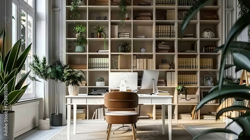 Stylish composition of modern masculine home office workspace interior design with black industrial desk, brown leather armchair, pc and stylish personal accessories. Template.