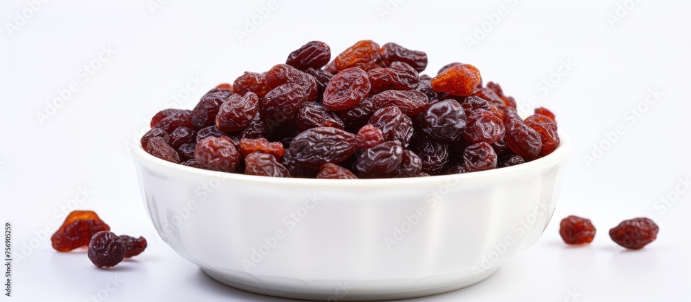 A white bowl filled with dried cranberries sits on a white tableware surface, ready to be used as an ingredient in a boysenberry dish A white bowl filled with dried cranberries sits on a white tableware surface, ready to be used as an ingredient in a boysenberry dish