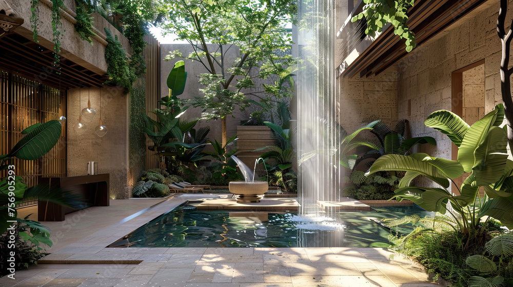Integrate creative water features throughout the villa, such as reflecting pools, cascading waterfalls, or a contemporary fountain in the central courtyard.