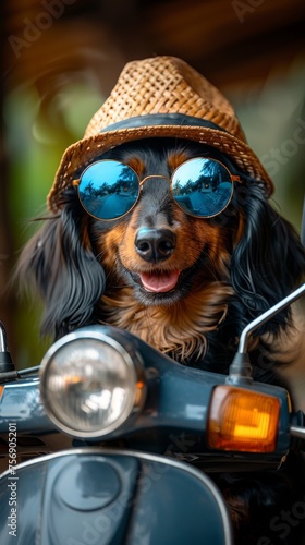  A humorous and charming portrait of a serious black dachshund dog in hat riding a moped, portraying a adventurous spirit. © victoriazarubina