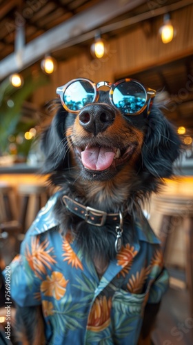  A cheerful black dachshund wearing sunglasses and a floral shirt, happily posing for the camera, embodying a relaxed and fashionable summer vibe.