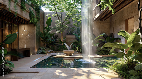 Integrate creative water features throughout the villa, such as reflecting pools, cascading waterfalls, or a contemporary fountain in the central courtyard. © NooPaew