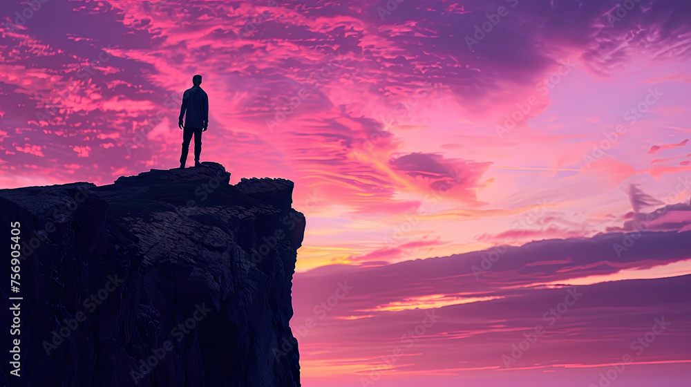 Man standing on top of cliff at sunset. Man standing on top of cliff at sunset.