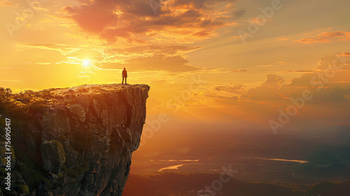 Man standing on top of cliff at sunset.