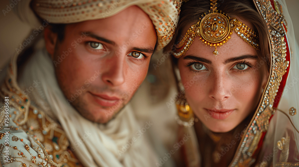 Traditional Indian Couple in Elaborate Wedding Attire