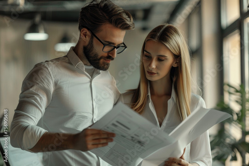 Concentrated man and woman examining business plan while standing in office