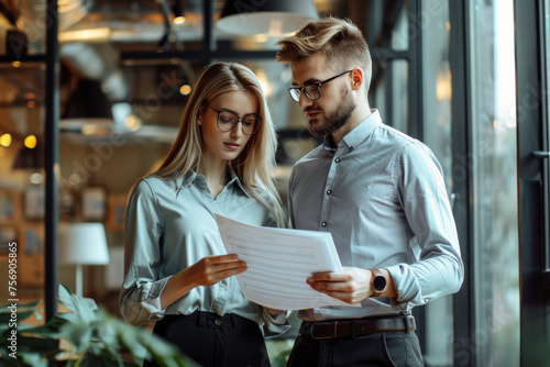 Concentrated man and woman examining business plan while standing in office © Kien