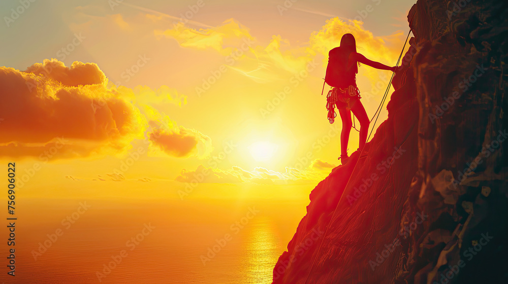 silhouette of successful climbing woman in mountains Concept of concept of motion motivation inspiration at beautiful sunset.