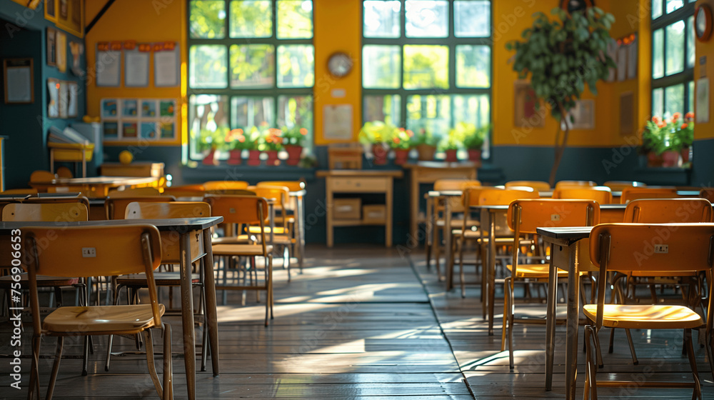 Sunny Classroom Interior with Empty Desks and Chairs Sunny Classroom Interior with Empty Desks and Chairs