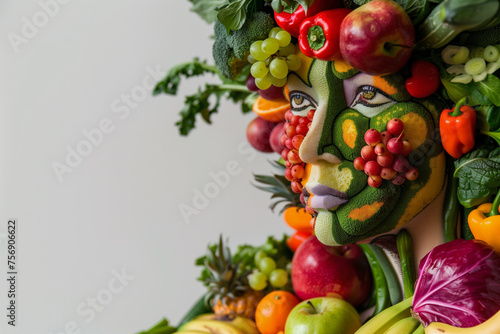 A woman's face is made of fruits and vegetables. Concept of creativity and playfulness
