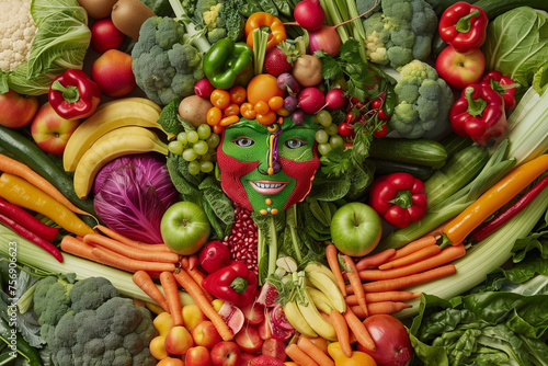 A woman s face is made of fruits and vegetables. Concept of creativity and playfulness
