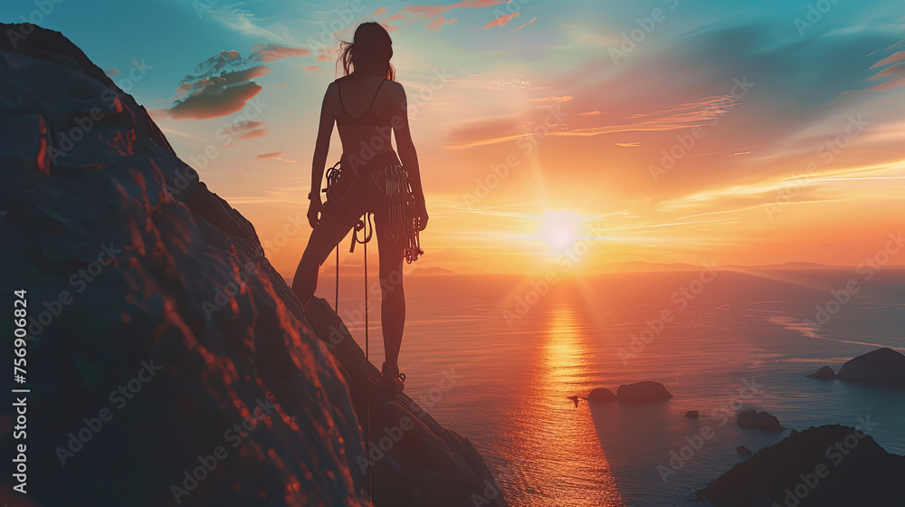 Woman climber success silhouette in mountains, ocean and sunset.