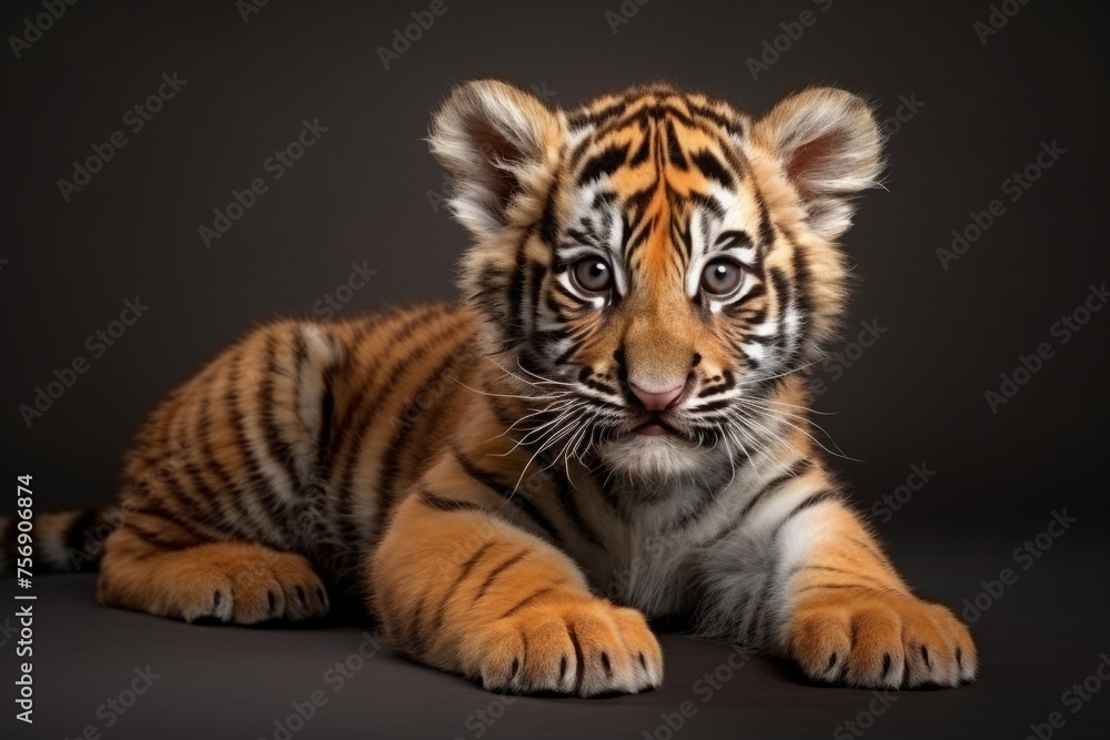 Obraz premium tiger cub is lying on a black background.