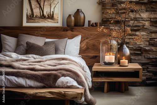 Delve into the inviting comfort of a cozy bed, capturing a close-up side view accentuated by a perfectly matched wooden small table.