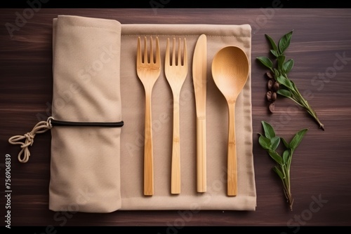 set of natural bamboo cutlery. concept of zero waste, no plastic.