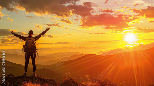 Woman climber success silhouette in mountains  ocean and sunset.