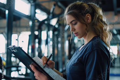 Female fitness trainer holding clipboard and writing sports report for a client in the gym