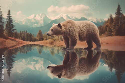 Polar bear in the mountains reflected in the lake. Sunset. Toned. photo