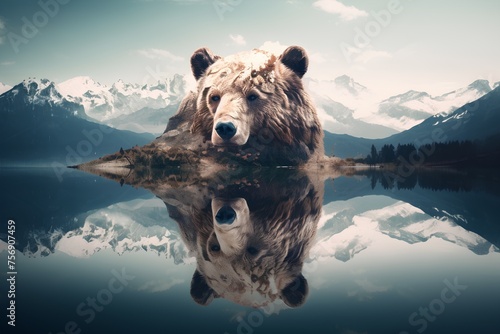 Bear reflected in the lake. The concept of ecological and photo tourism photo
