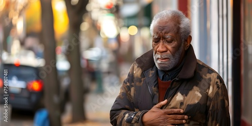 Elderly Black man suffers chest pain on city sidewalk, clutching chest. Concept Emergency, Health, Senior Citizen, Crisis, Pain