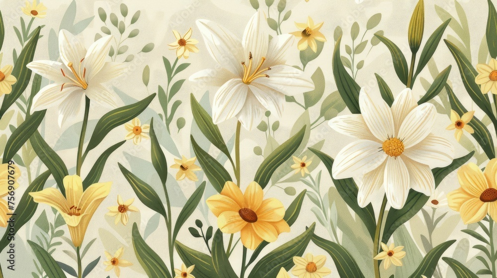 Blooming daisies and Easter lilies, a fresh and floral doodle pattern celebrating new beginnings Blooming daisies and Easter lilies, a fresh and floral doodle pattern celebrating new beginnings