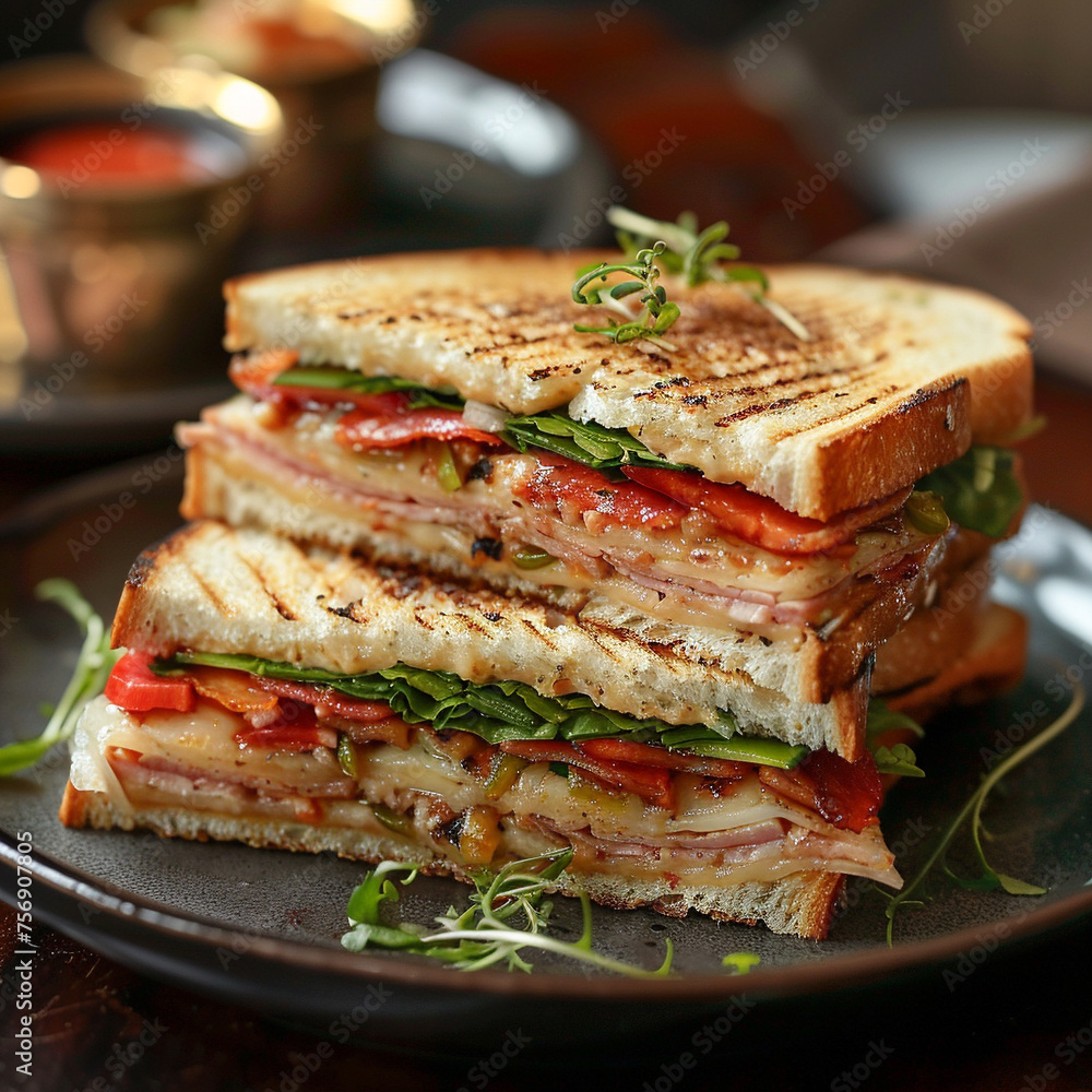 Mouthwatering sumptuous club sandwich with dynamic composition and elevation highlighting the finesse of culinary craftsmanship - obrazy, fototapety, plakaty 