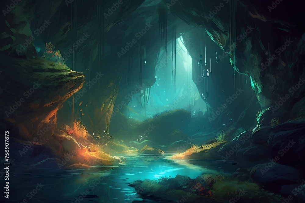 Fantasy dark cave with a bright light. 3d illustration.