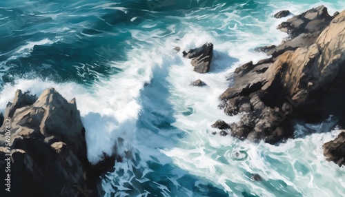 Aerial view of the ocean waves crashing on the rocky shore.