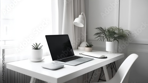 workplace with laptop on table in modern office 3d render image © Ai