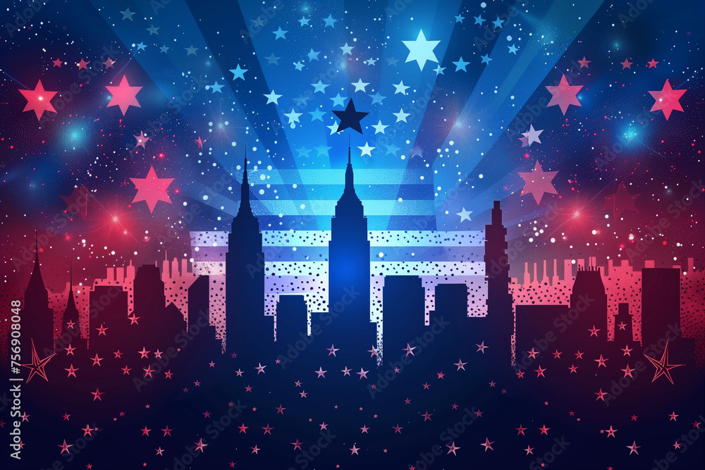 A city skyline with a star on top and a red, white, and blue stripe. The city is lit up with bright lights and the stars are shining brightly. Scene is celebratory and festive