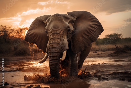 African elephant drinking water at sunset, Kruger National Park, South Africa © Ai