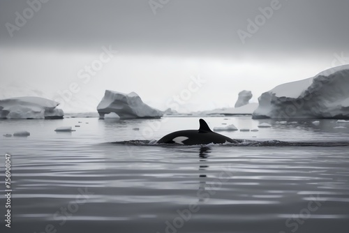 Orca in the ocean with icebergs in the background, Antarctica photo