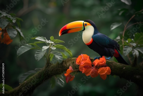 Toucan sitting on a branch with flowers in the rainforest
