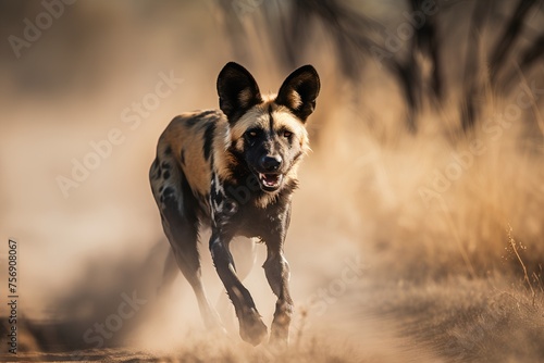 African wild dog running in the sun in Kruger National park, South Africa ; Specie Lycaon pictus family of Canidae