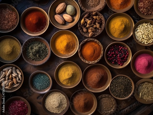 Variety of spices in bowls over wooden background. Top view.