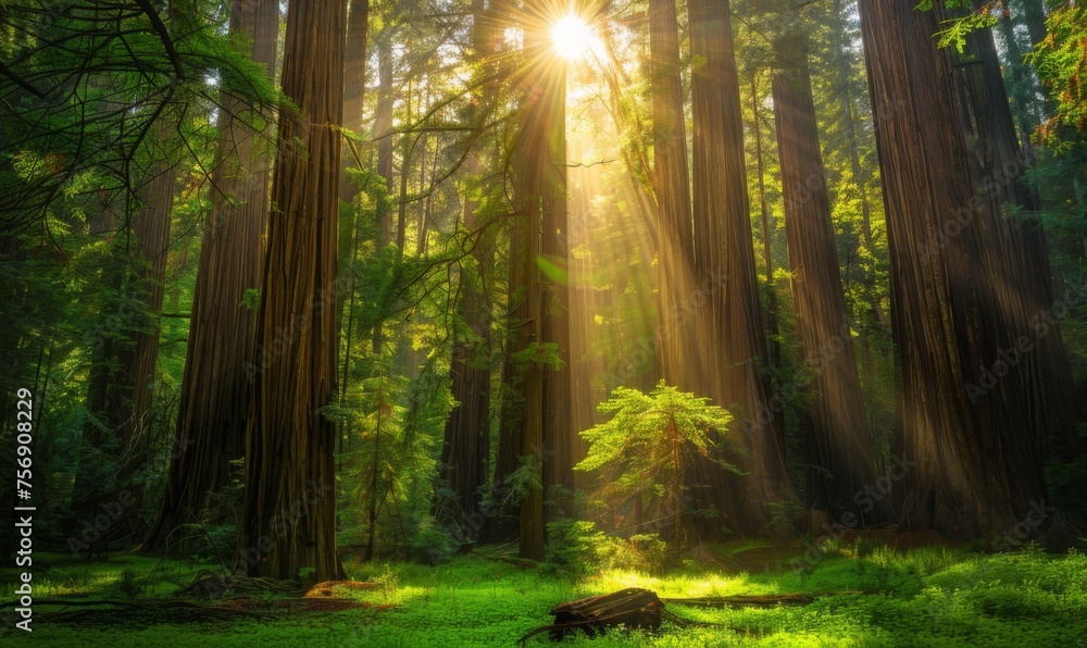 Fototapeta premium A forest of redwood trees, tall, green and plentiful. The morning sun shines down