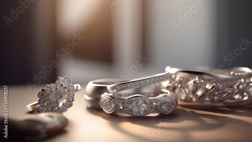Wedding rings on the table in the sunlight. Jewelry background