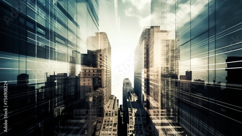 Cityscape and skyscrapers, double exposure with lens flare effect