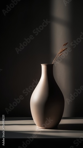Ceramic vase on the shelf in the dark room. 3d rendering