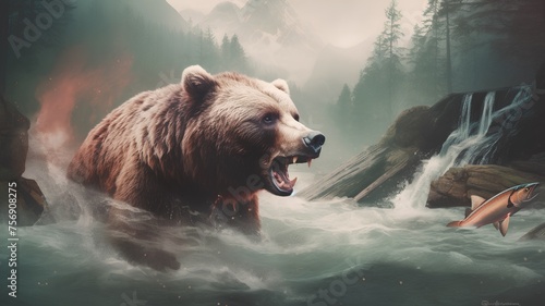 Grizzly bear in the forest with waterfall and fish. photo