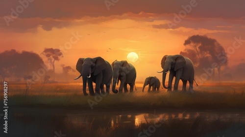 Elephants in the savanna at sunset, 3d render © Ai