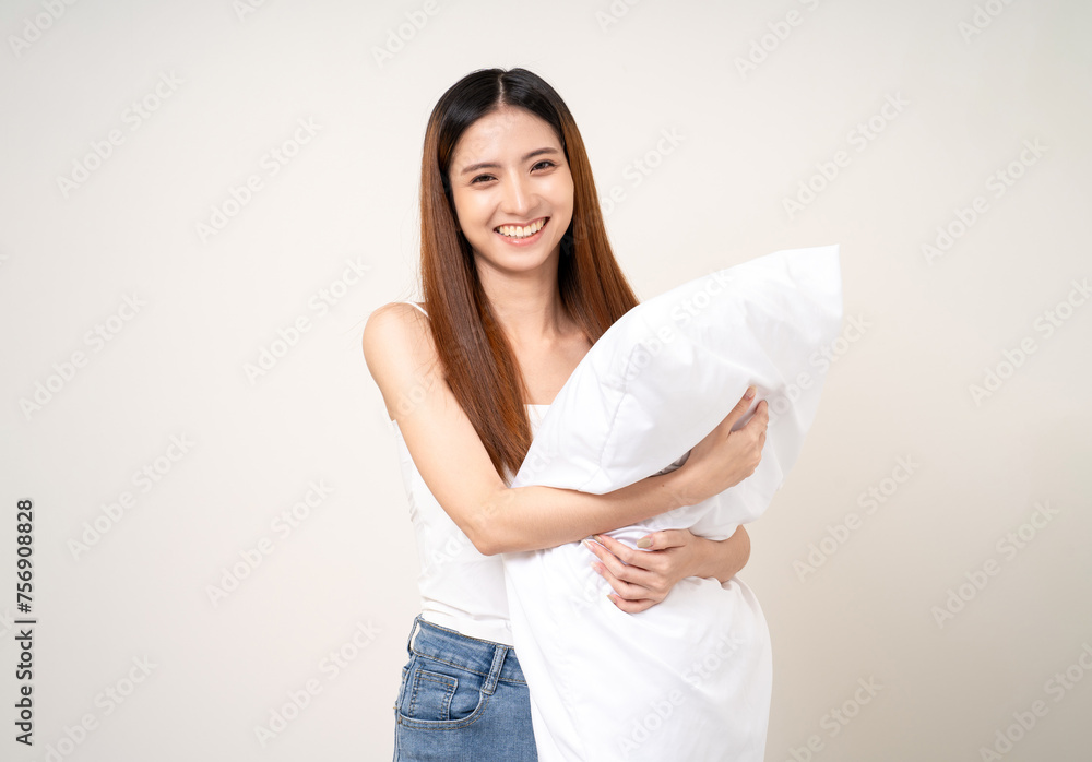 Young beautiful asian woman sleeping hugging soft pillow. Cute smiling Drowsy female on isolated white background. Young beautiful asian woman sleeping hugging soft pillow. Cute smiling Drowsy female on isolated white background.