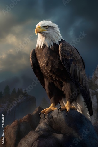 Bald Eagle sitting on a rock in the mountains. 3d render